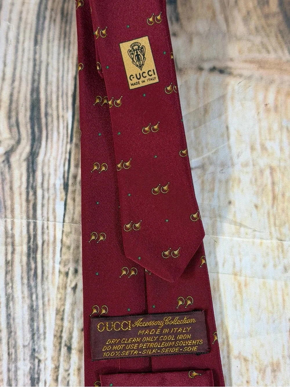 Gucci Accessory Collection Silk Tie Burgundy Gold GG Horsebit Italy Vintage 80’s